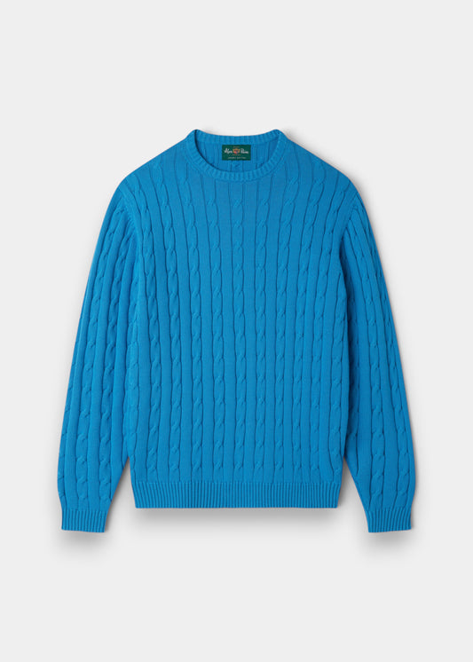Alan Paine Honley blue lagoon cable knit crew neck jumper made from a soft Pima cotton and cashmere blend.