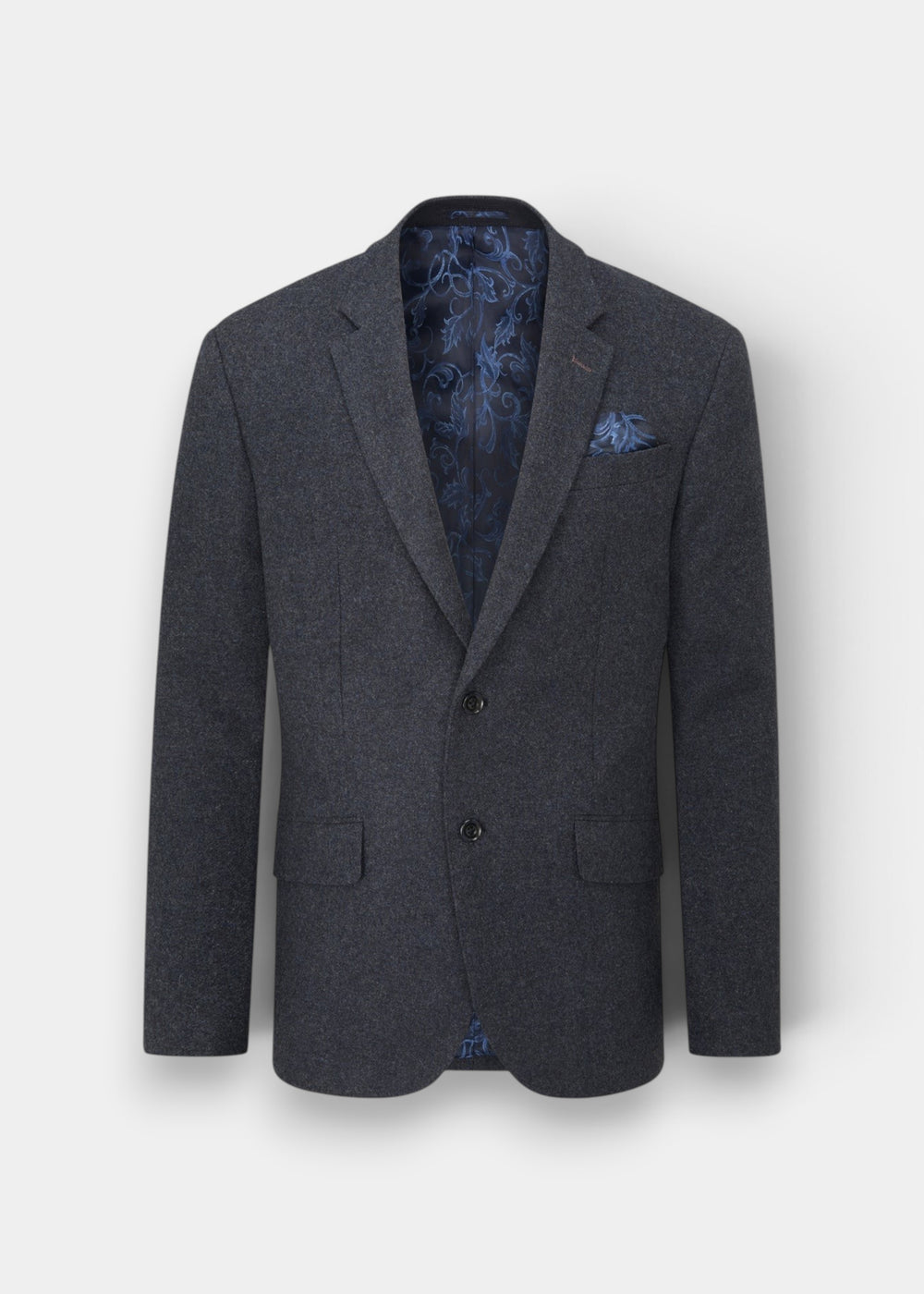 Alan Paine blue wool tweed blazer with two-button front, integrated pocket square, and patterned interior lining.