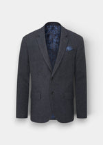 Alan Paine blue wool tweed blazer with two-button front, integrated pocket square, and patterned interior lining.