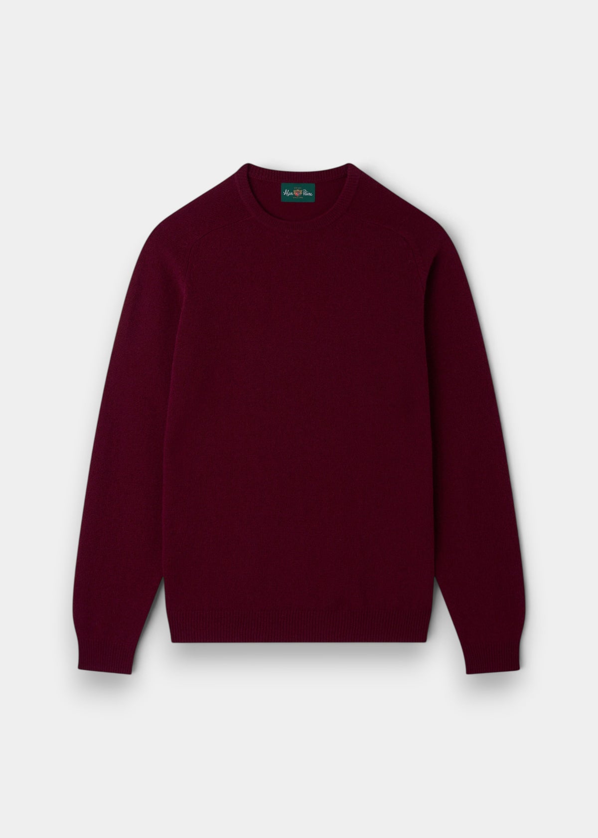 Alan Paine Lenzie men's bordeaux crew neck jumper in soft lambswool with ribbed cuffs and saddle shoulder detail.