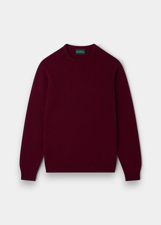 Alan Paine Lenzie men's bordeaux crew neck jumper in soft lambswool with ribbed cuffs and saddle shoulder detail.