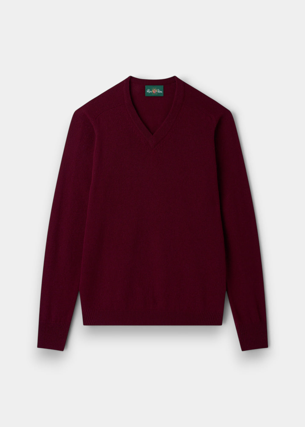 Alan Paine Kilsyth men's V-neck jumper in bordeaux lambswool with ribbed cuffs and hem in a regular fit