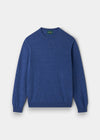 Alan Paine Brisbane crew neck jumper in blue Geelong wool with a regular fit, ribbed cuffs, and a ribbed hem.