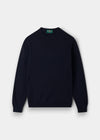 Alan Paine Brisbane crew neck jumper in dark navy Geelong lambswool with ribbed cuffs and hem.