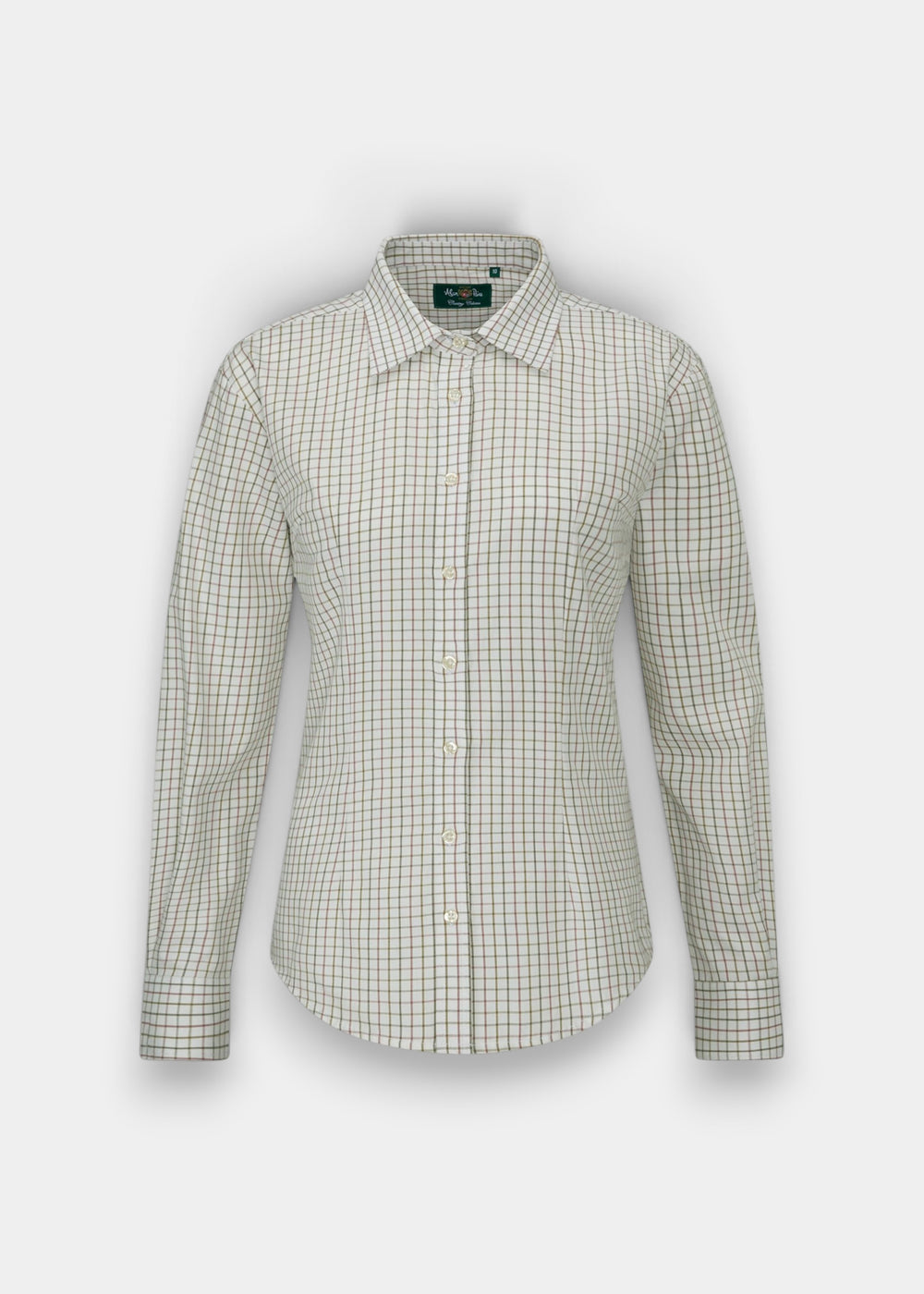 Bromford Ladies Cotton Shirt, regular fit, features an olive check on white cotton with long sleeves.