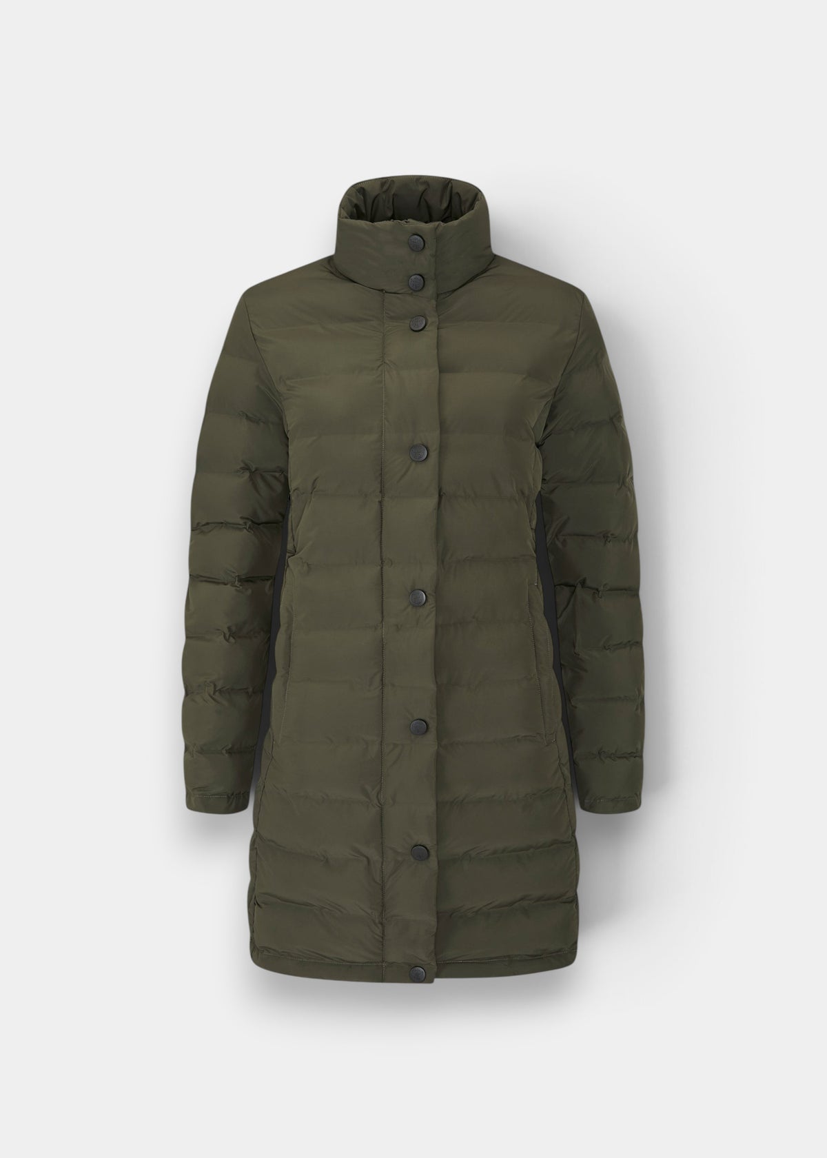 Calsall Ladies Coat in Olive: Regular fit, puffer, snap buttons, high collar, knee-length, water repellent.