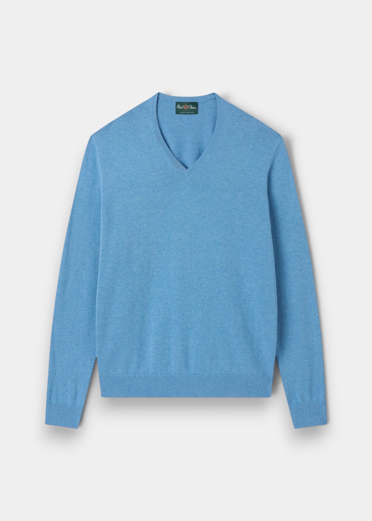 Alan Paine Rothwell Carolina blue V-neck jumper made from a soft Pima cotton and cashmere blend with ribbed trim.