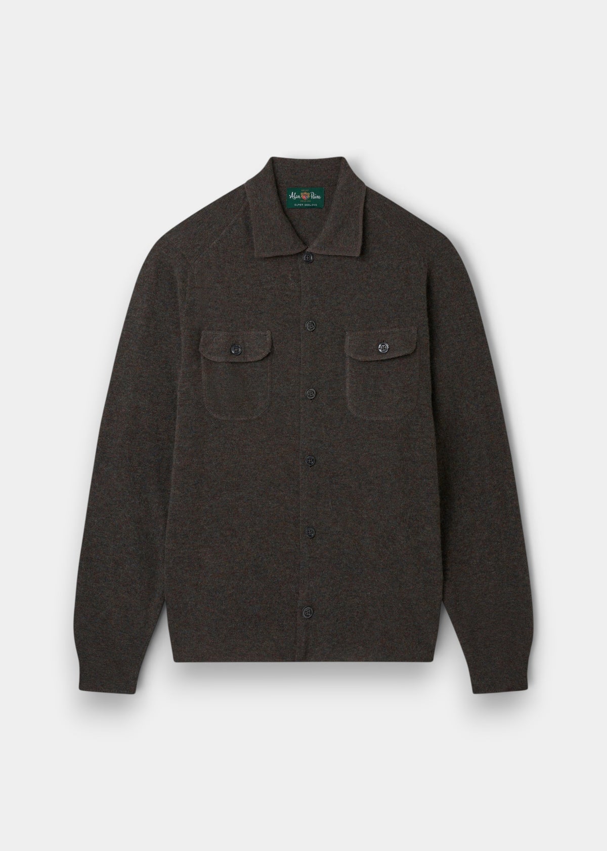 Alan Paine Tore men's button-through shirt in cask brown Geelong wool with two chest pockets and a soft collar.