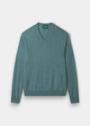 Alan Paine Haddington cashmere v-neck jumper in caspian blue with ribbed hem and cuffs in a regular fit