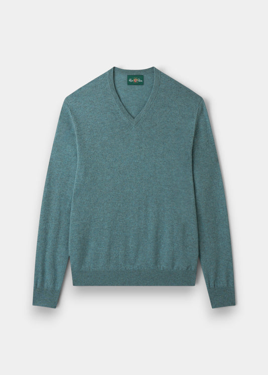 Alan Paine Haddington cashmere v-neck jumper in caspian blue with ribbed hem and cuffs in a regular fit