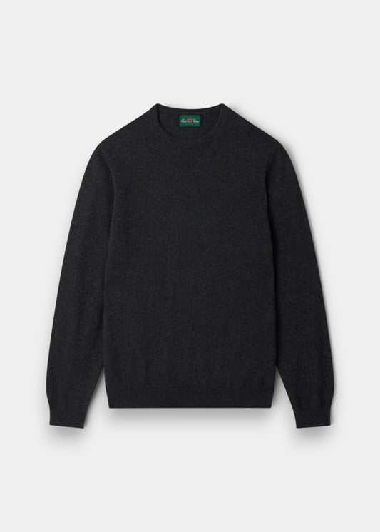 Alan Paine Melfort charcoal crew neck jumper in 100% cashmere with ribbed hem and cuffs in a regular fit.