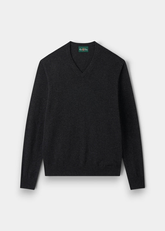 Alan Paine Haddington charcoal grey v-neck cashmere jumper with ribbed hem and cuffs in a regular fit