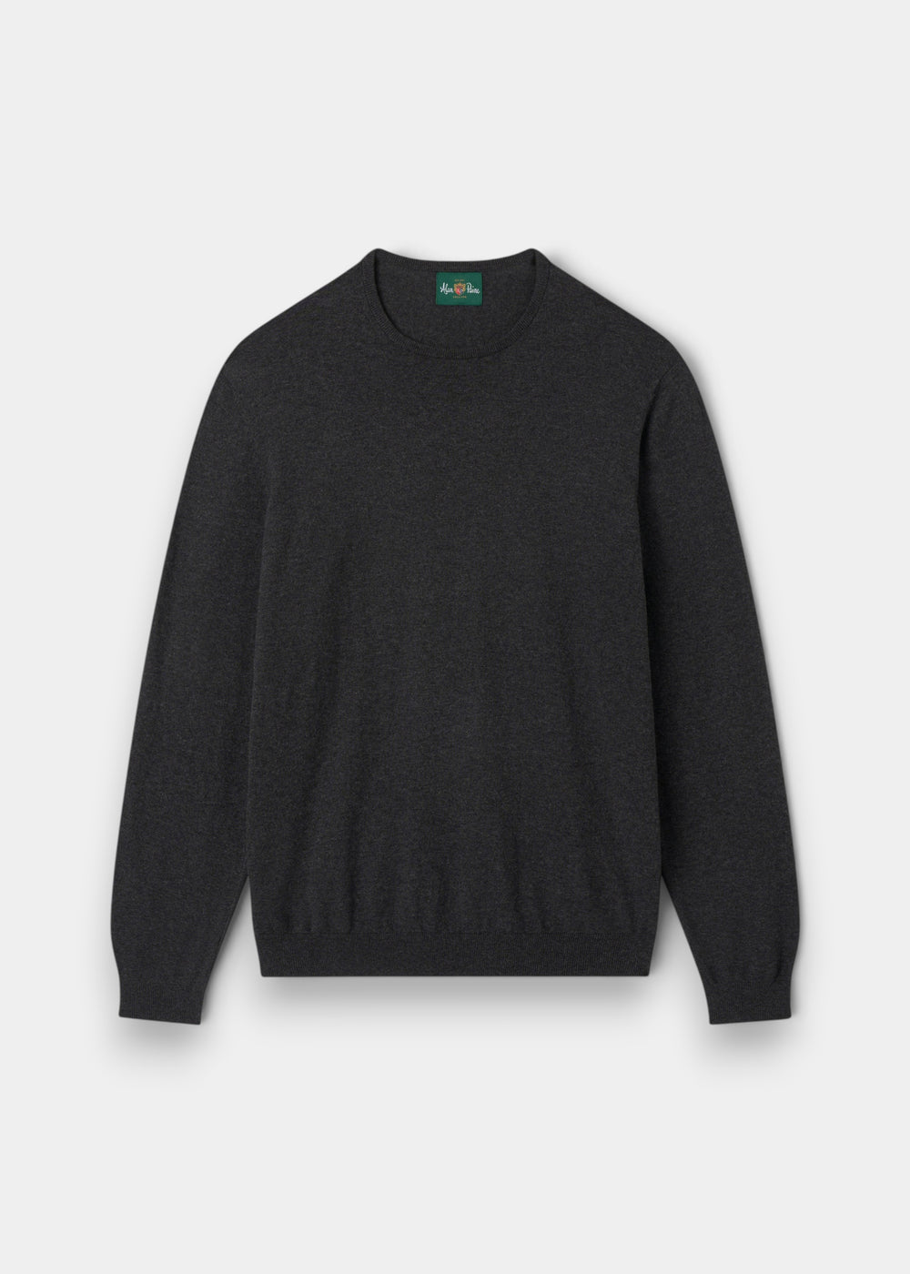 Alan Paine charcoal grey luxury crew neck jumper in a soft cotton, silk, and cashmere blend with ribbed hem and cuffs.