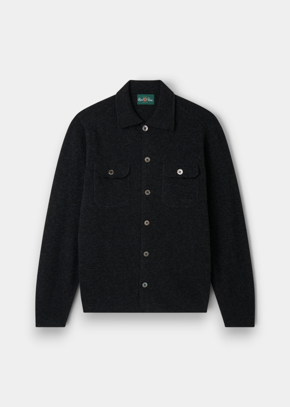 Alan Paine charcoal grey Geelong wool knitted shirt with button-through front and dual chest pockets.
