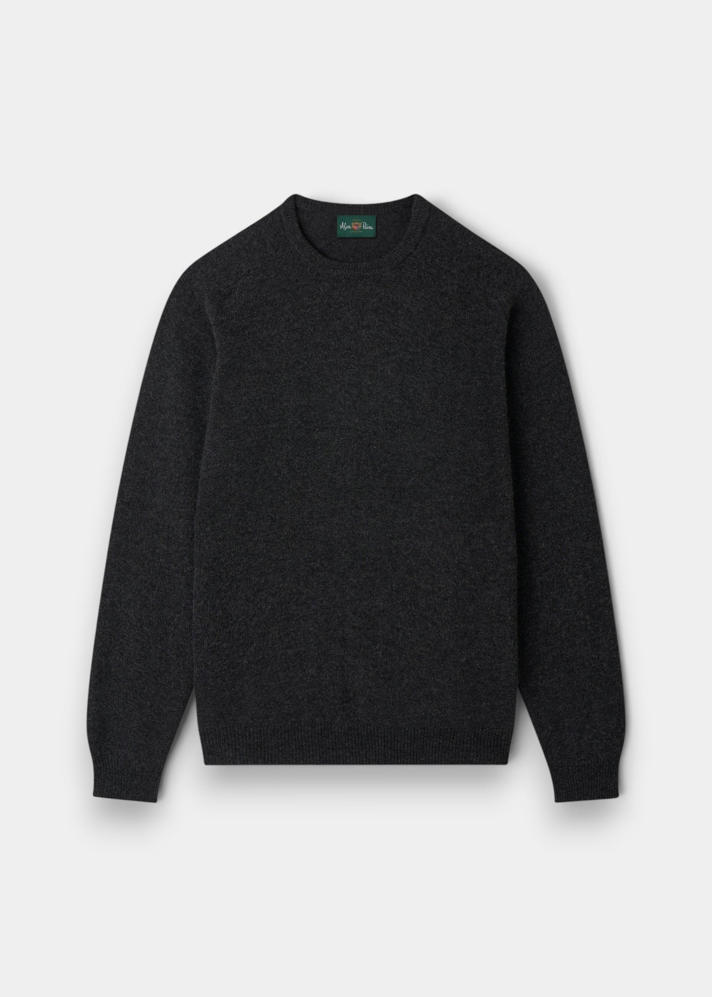 Alan Paine charcoal grey lambswool crew neck jumper with ribbed cuffs and hem in a regular fit.
