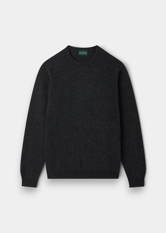 Alan Paine charcoal grey lambswool crew neck jumper with ribbed cuffs and hem in a regular fit.