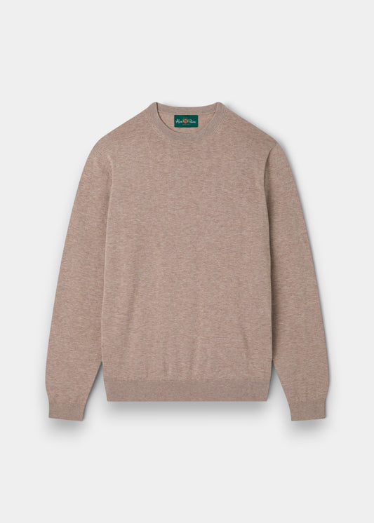 Alan Paine Oakford coffee brown long sleeve crew neck shirt in 100% high twist cotton with a refined knit texture.
