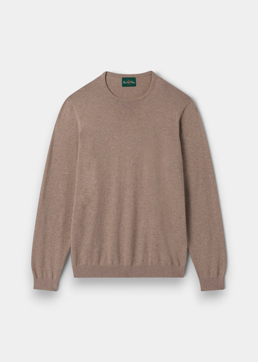 Alan Paine luxury coffee brown crew neck jumper in a soft pima cotton, silk, and cashmere blend with ribbed trim.