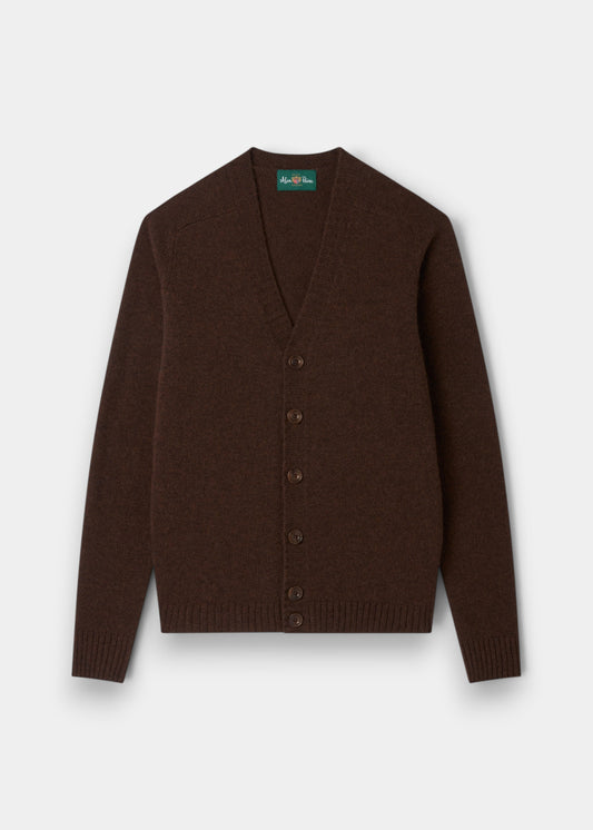 Alan Paine Kinloch men's coffee brown Shetland wool cardigan with a V-neck and button-up front.
