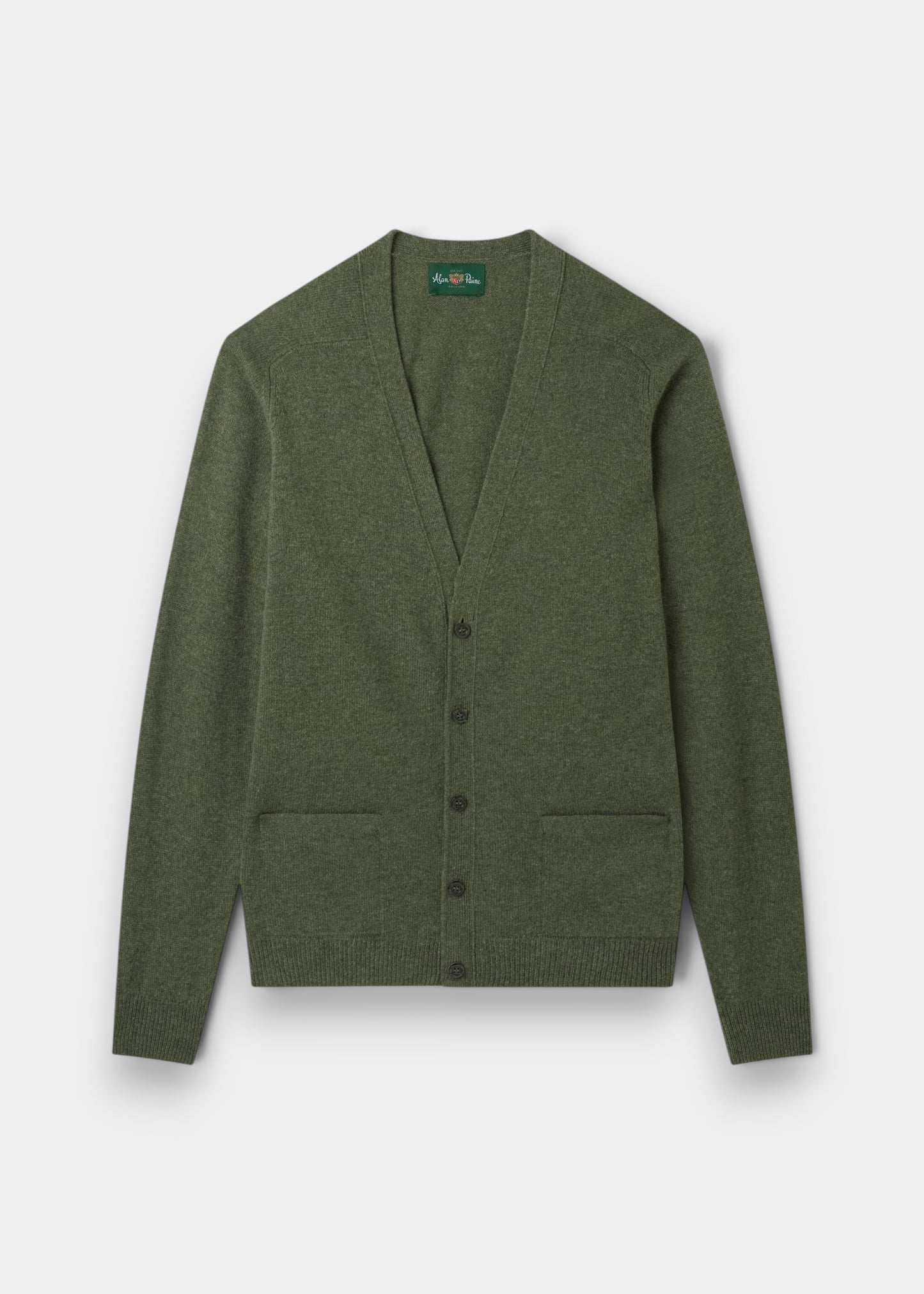 Alan Paine Cornwall lambswool cardigan in landscape green with a V-neck, five-button front, and two jetted pockets.
