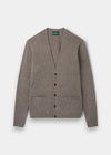 Alan Paine Cornwall lambswool cardigan in vole brown with a classic fit, v-neck, five buttons, and two jetted pockets.