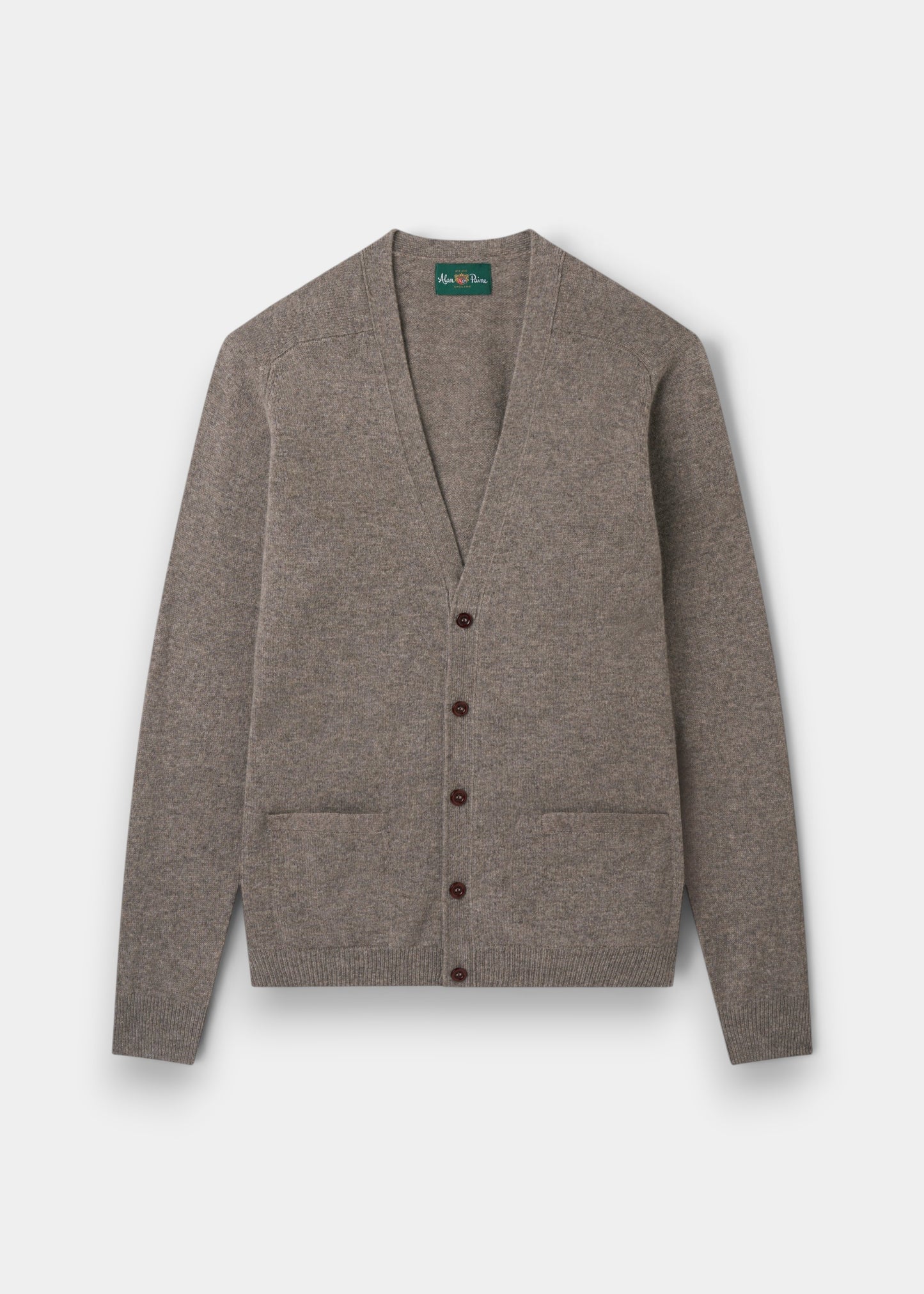 Alan Paine Cornwall lambswool cardigan in vole brown with a classic fit, v-neck, five buttons, and two jetted pockets.