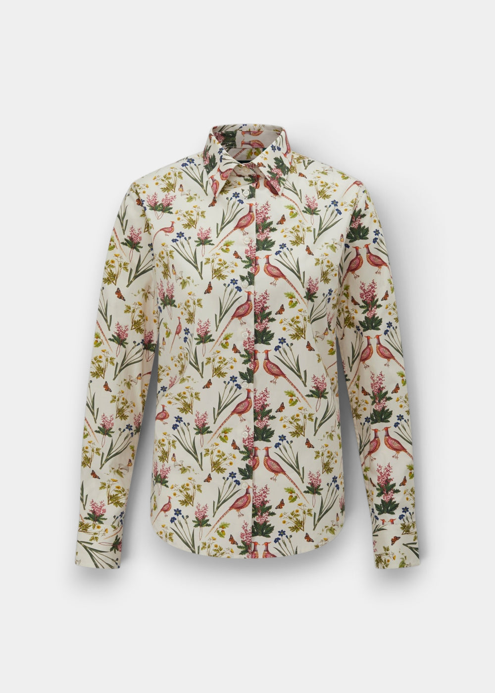 Lawen cotton shirt, regular fit, in cream floral print with pink birds; made from minimal iron cotton.