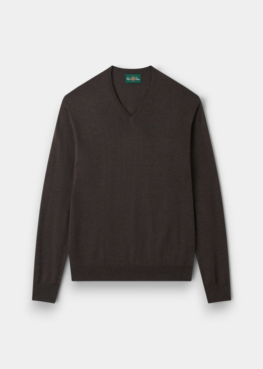 Alan Paine Millbreck dark brown v-neck jumper in 100% fine Italian merino wool with ribbed hem and cuffs.