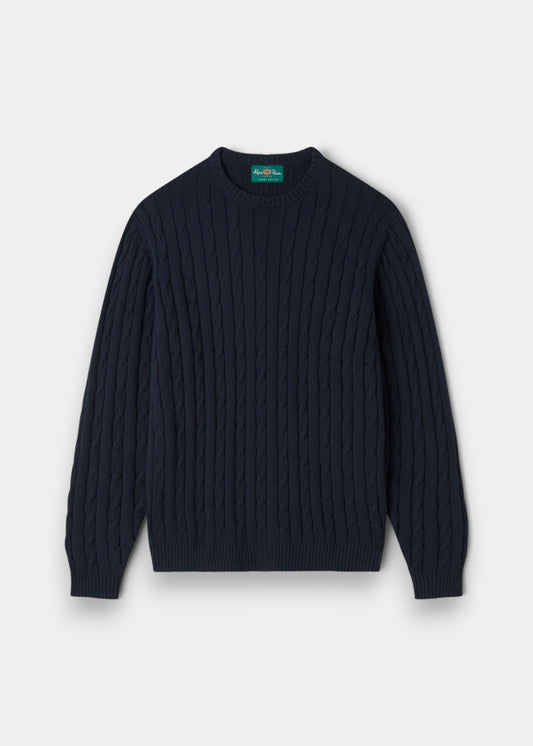Alan Paine Honley dark navy cable knit crew neck jumper made from a soft Pima cotton and cashmere blend.