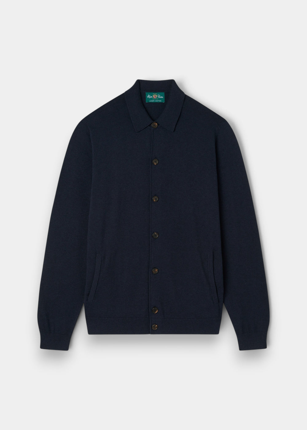 Alan Paine Tyneham dark navy button-through shirt in a soft pima cotton and cashmere blend with a classic collar.