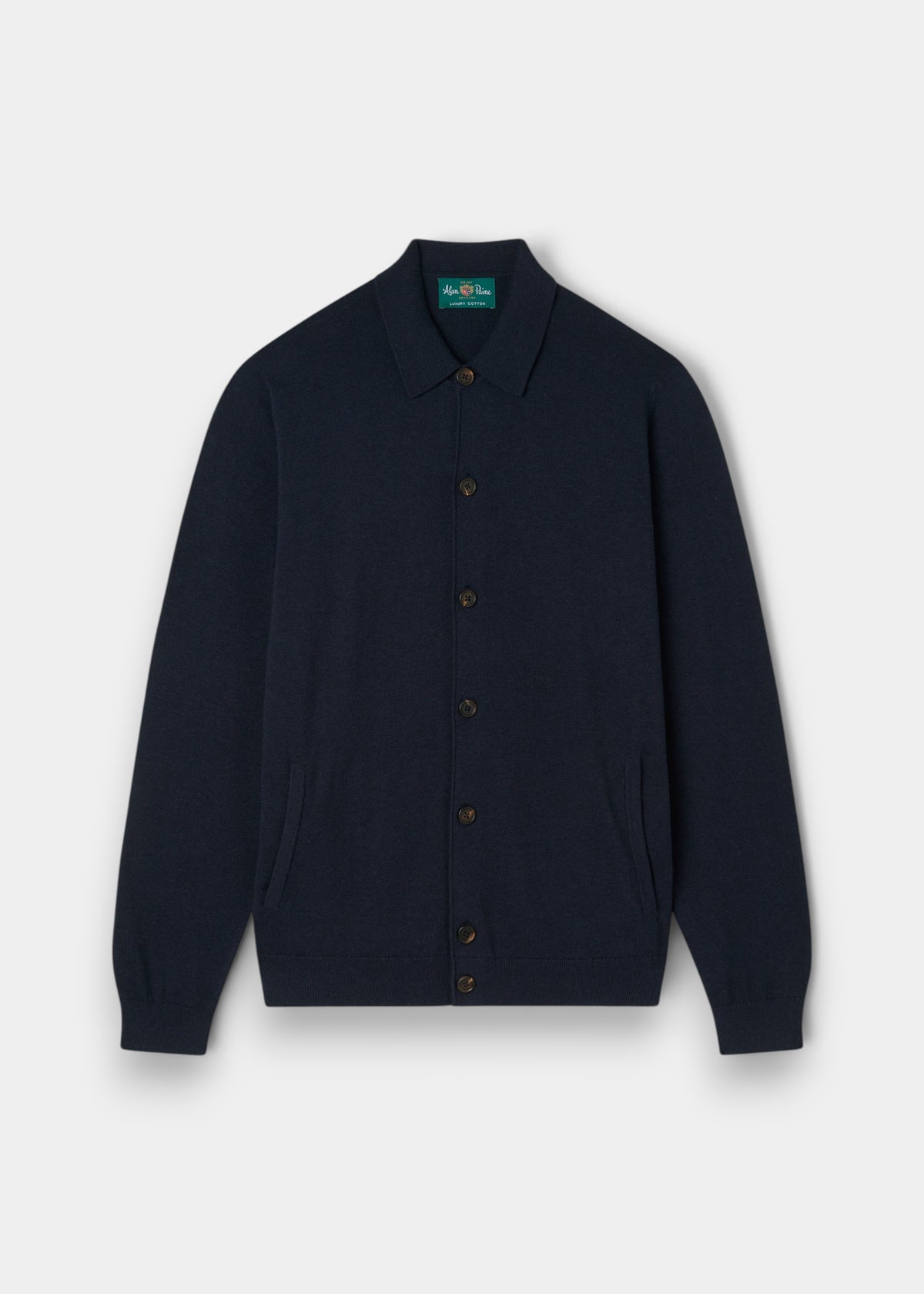 Alan Paine Tyneham dark navy button-through shirt in a soft pima cotton and cashmere blend with a classic collar.