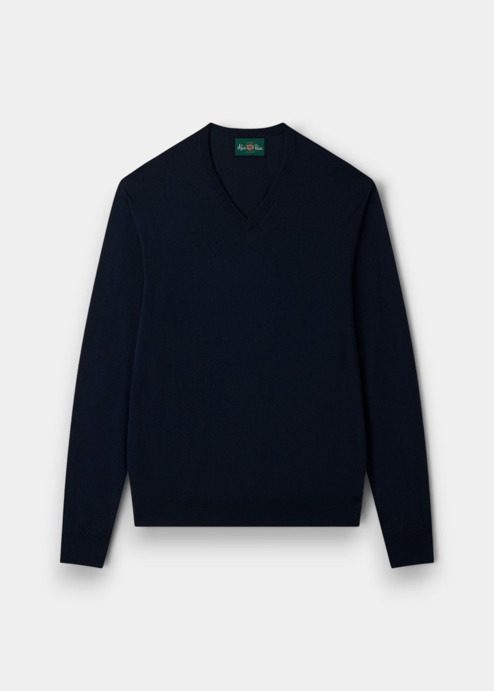 Alan Paine Millbreck dark navy V-neck jumper in fine Italian merino wool with ribbed hem and cuffs