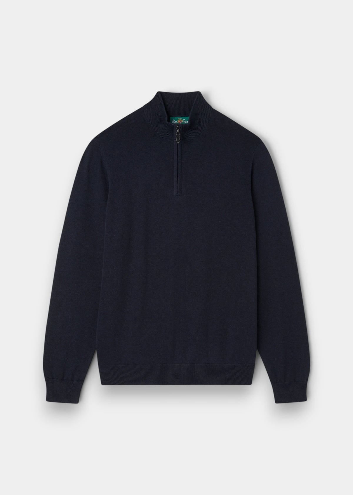 Alan Paine Selhurst dark navy quarter zip jumper in a soft Pima cotton and cashmere blend with ribbed cuffs and hem.