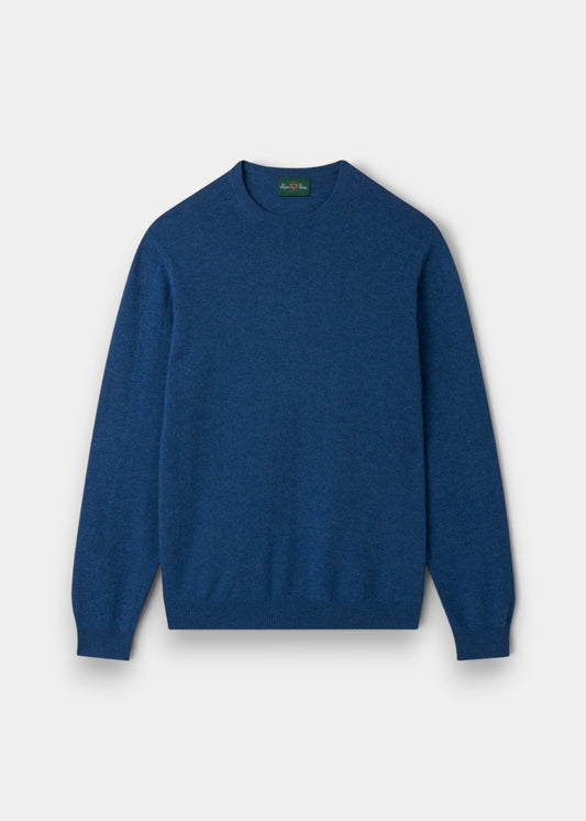 Alan Paine Melfort crew neck jumper in denim blue 100% cashmere with ribbed hem and cuffs in a regular fit
