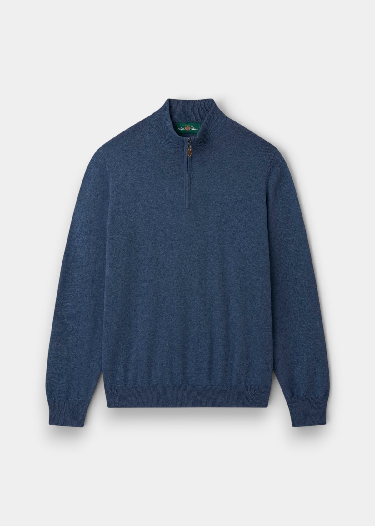 Ashfield Cotton Merino Quarter Zip Jumper in Denim, Regular Fit, shown laid flat on a white background.
