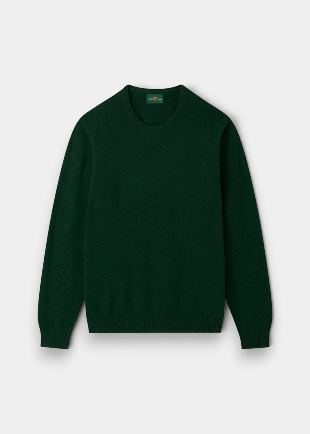 Alan Paine Dorset men's crew neck jumper in tartan green lambswool with saddle shoulder and ribbed hem