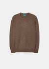 Alan Paine Dorset men's crew neck jumper in tobacco brown lambswool with saddle shoulder and ribbed hem