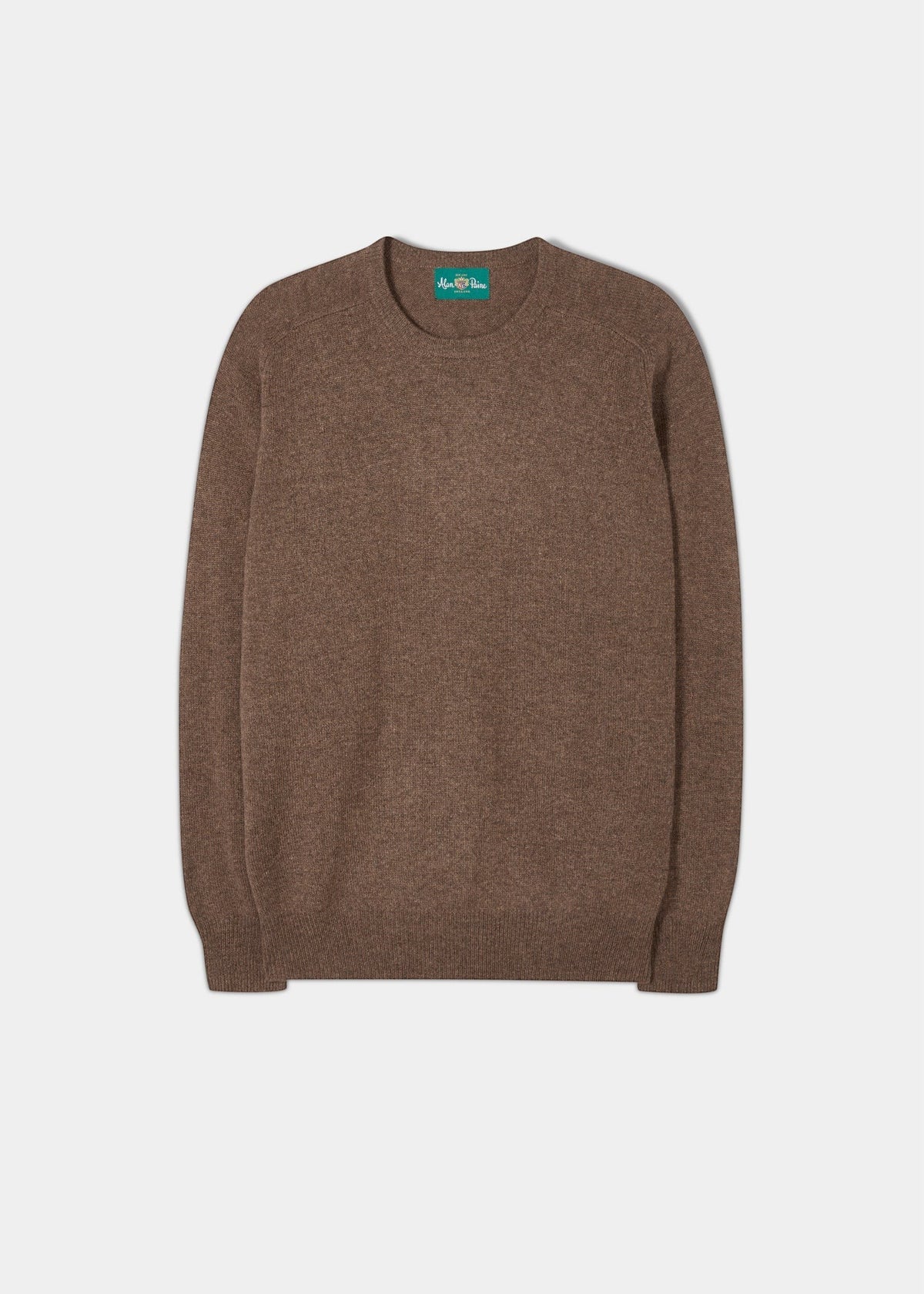 Alan Paine Dorset men's crew neck jumper in tobacco brown lambswool with saddle shoulder and ribbed hem
