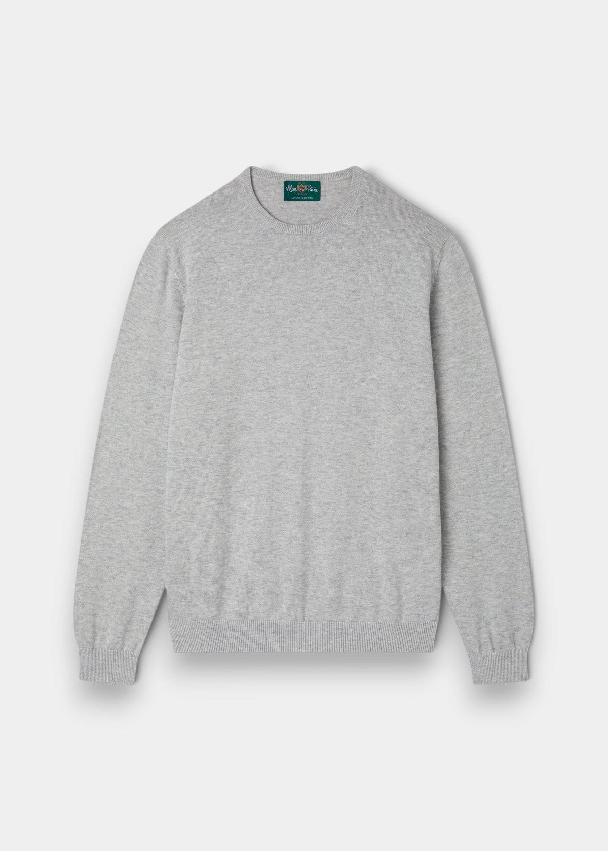 Alan Paine Leysmill dove grey crew neck jumper in a soft Pima cotton and cashmere blend with ribbed cuffs and hem.