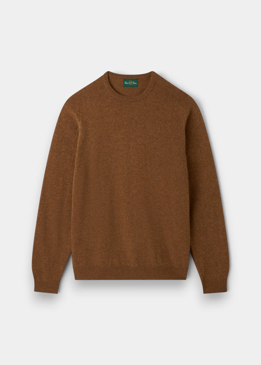 Alan Paine Dorset men's crew neck jumper in driftwood brown lambswool with saddle shoulder and ribbed hem.