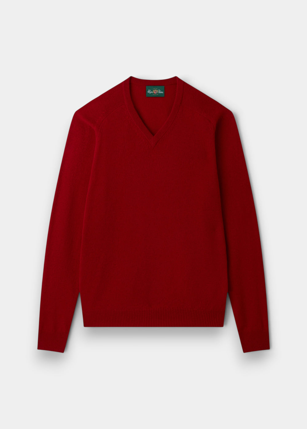 Alan Paine Kilsyth men's V-neck jumper in deep red Dubonnet lambswool with ribbed cuffs and hem.