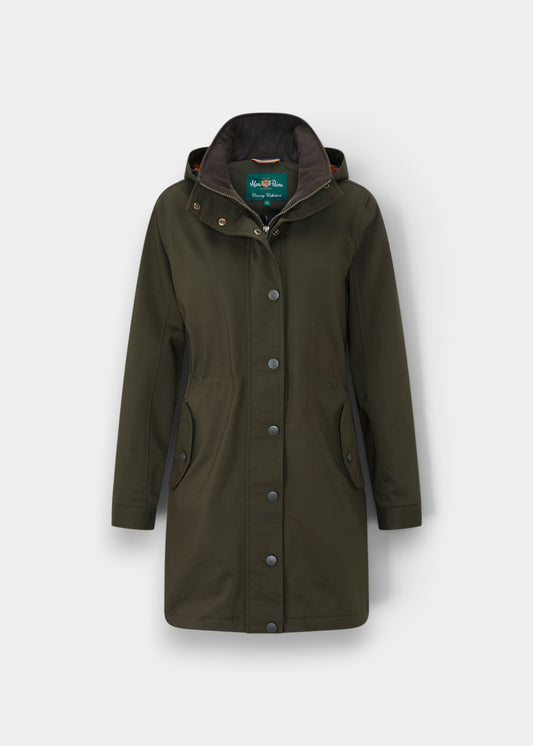 Alan Paine Dunswell ladies waterproof jacket in olive featuring a detachable hood and stud secured placket.