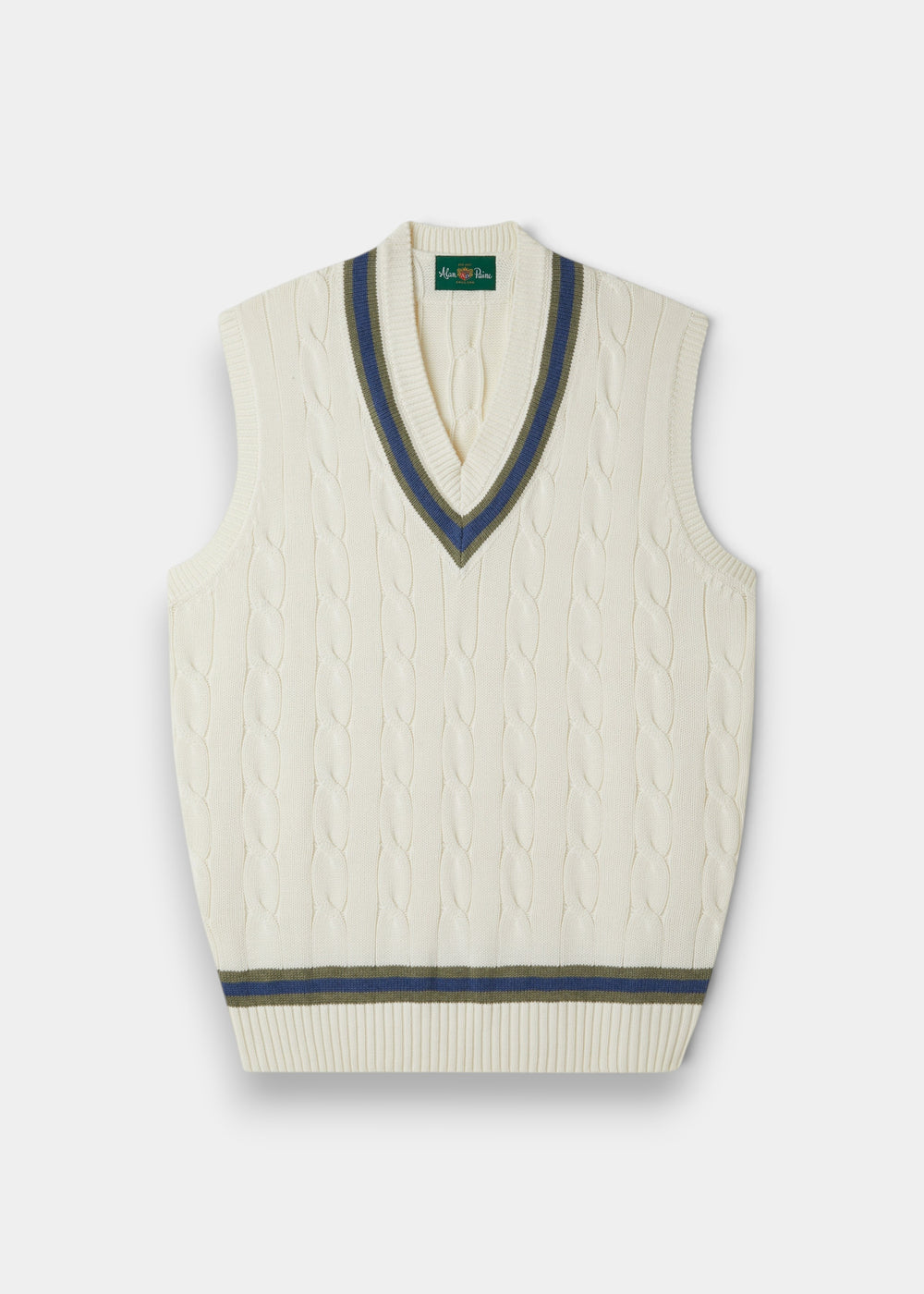 Alan Paine ecru cotton cable knit cricket slipover with green and blue V-neck trim and ribbed hem.