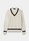 Alan Paine Sandridge ecru cotton cable knit cricket jumper with dark navy and burgundy V-neck and hem trim.