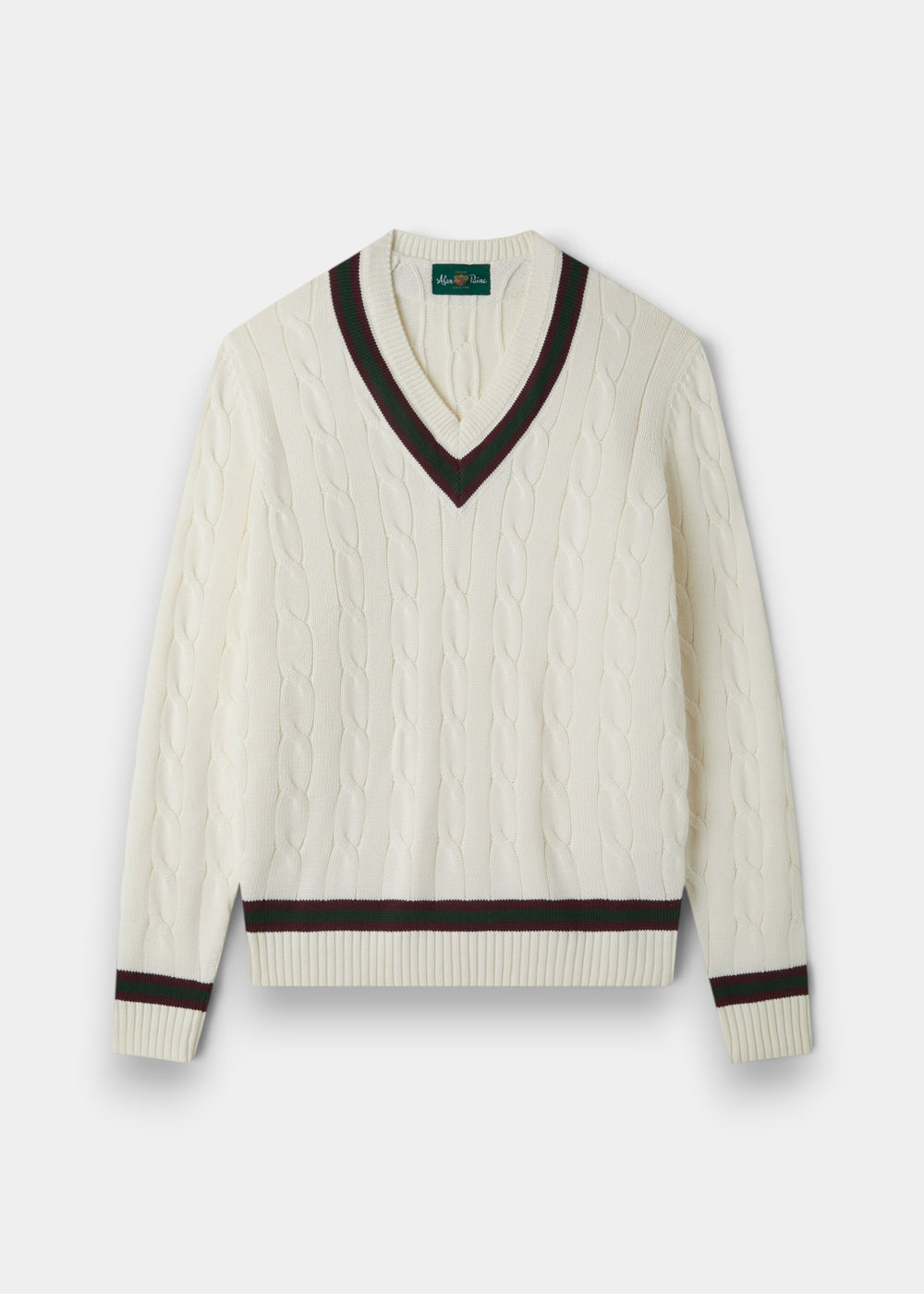 Alan Paine Sandridge ecru cotton cable knit cricket jumper with V-neck and green and burgundy striped trim