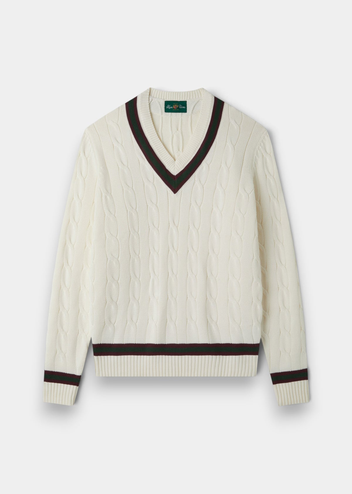 Alan Paine Sandridge ecru cotton cable knit cricket jumper with V-neck and green and burgundy striped trim