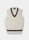 Alan Paine ecru cotton cable knit cricket slipover with dark navy and burgundy V-neck and hem trim.