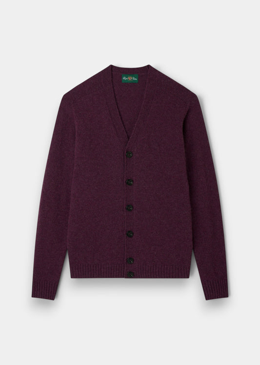 Alan Paine Kinloch men's V-neck cardigan in elderberry purple Shetland wool with a button-front closure.