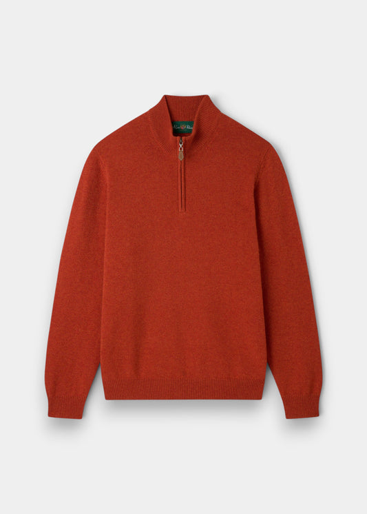 Alan Paine Sutherland lambswool quarter zip jumper in ember orange with a leather zip pull and ribbed hem and cuffs.