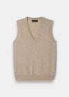 Erin Wool & Cashmere V-Neck Slipover in Porridge, regular fit—sleeveless knit vest, laid flat on white background.